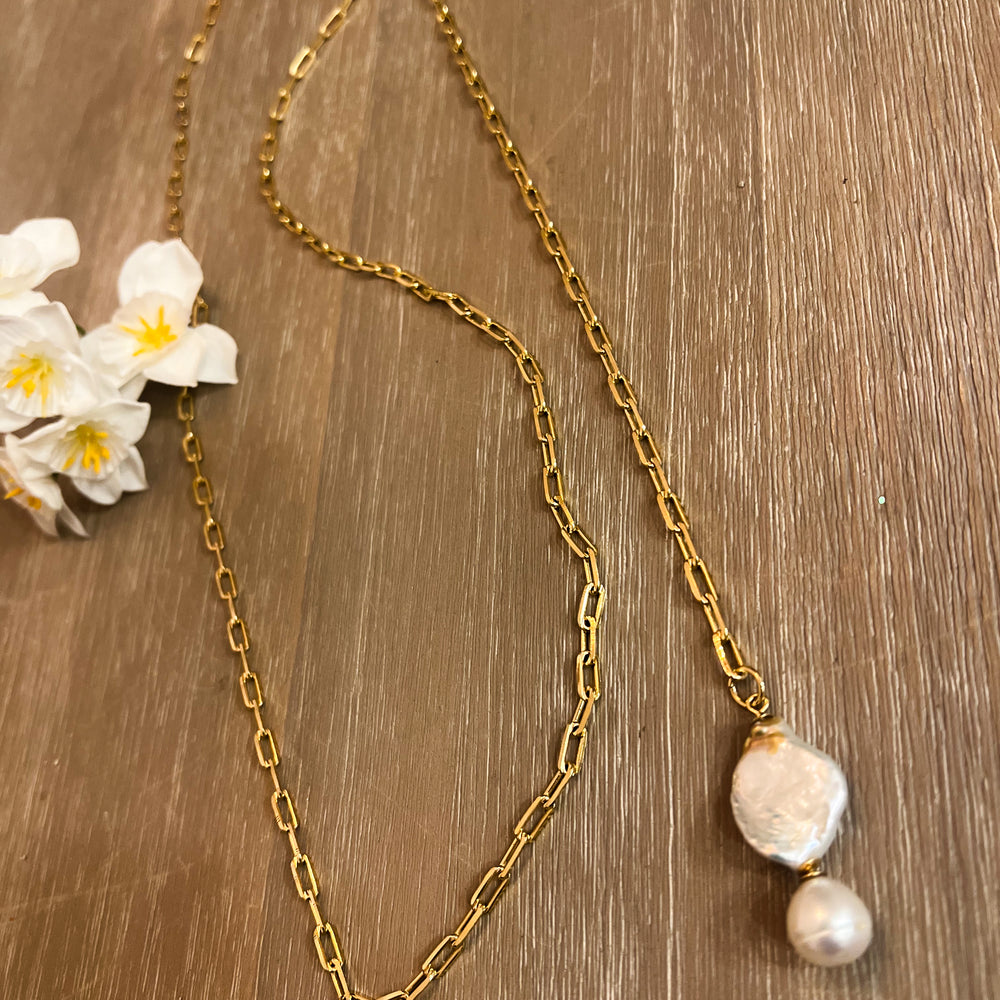 
                      
                        18K Gold Filled Necklace with Pearl Detail
                      
                    